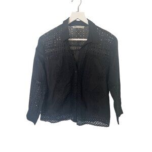 Zara Black Embroidered Eyelet Button-Up Shirt